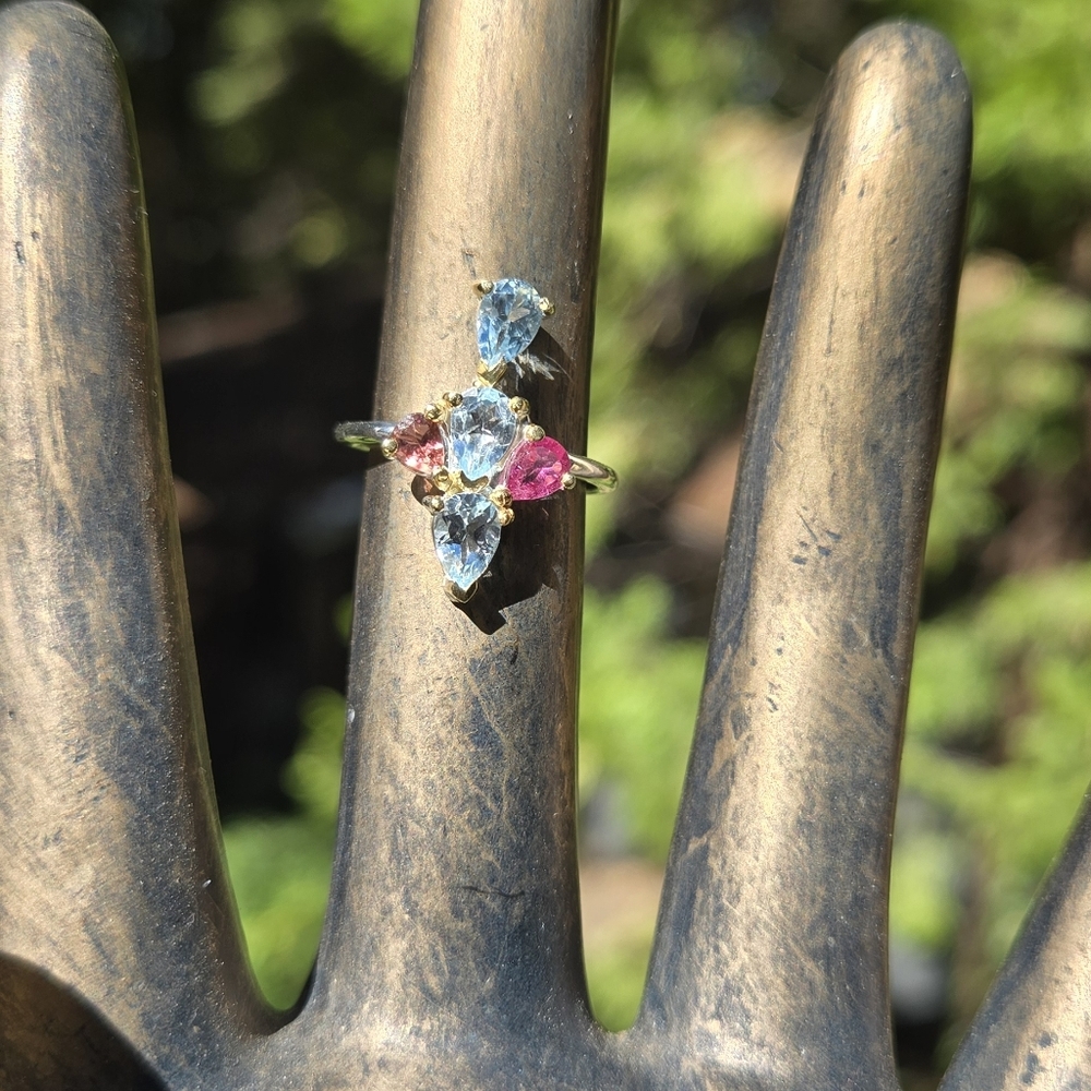 Blue Topaz 6k & Tourmaline Stering & Gold Ring Sz6 - Picture 5 of 8